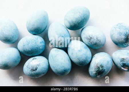 Group ombre blue Easter eggs isolated on white background. Dyed Easter eggs.Compositions in pastel colors. Easter consept. Flat lay, top view. Copy space Stock Photo