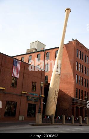 The big bat the oversized baseball bat sculpture the replica of the bat designed for Babe Ruth in the 1920s in front of Slugger museum and factory.Louisville.Kentucky.USA Stock Photo