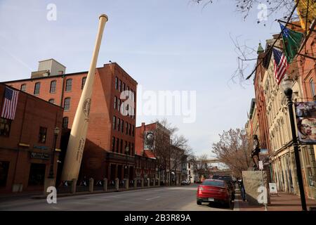 The big bat the oversized baseball bat sculpture the replica of the bat designed for Babe Ruth in the 1920s in front of Slugger museum and factory.Louisville.Kentucky.USA Stock Photo