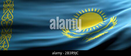 Kazakhstan sign symbol. Kazakhstan national flag waving texture background, banner. 3d illustration Stock Photo