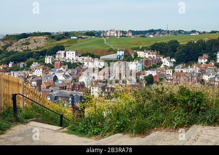 Hastings Old Town, East Sussex, UK, from the top of East Hill. Stock Photo