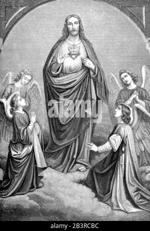 Jesus heart worship, religious allegoric painting with Christ showing his heart surrounded by praying  angels Stock Photo