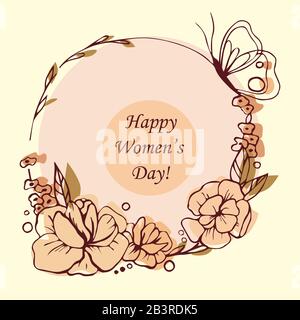Happy woman's day card. Vectot illusrtation. Floral beautiful wreath. circle frame witl flowers Stock Vector