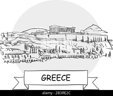 Greece Hand-Drawn Urban Vector Sign. Black Line Art Illustration with Ribbon and Title. Stock Vector