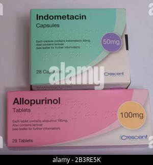 Gout medication: Allopurional to reduce uric acid production and Indometacin a nonsteroidal  anti-inflammatory (NSAID) medication Stock Photo