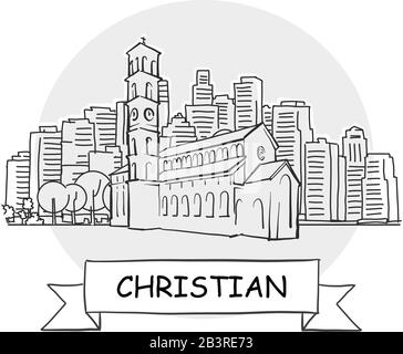 Christian Hand-Drawn Urban Vector Sign. Black Line Art Illustration with Ribbon and Title. Stock Vector