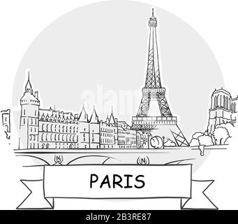 Paris Hand-Drawn Urban Vector Sign. Black Line Art Illustration with Ribbon and Title. Stock Vector