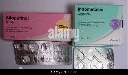 Gout medication: Allopurional to reduce uric acid production and Indometacin a nonsteroidal  anti-inflammatory (NSAID) medication Stock Photo