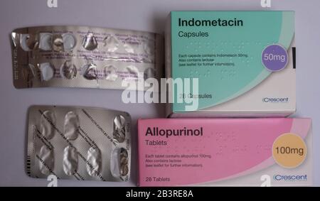 Gout medication: Allopurional to reduce uric acid production and Indometacin a nonsteroidal  anti-inflammatory (NSAID) medication Stock Photo