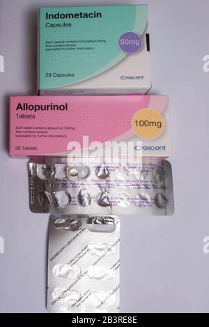 Gout medication: Allopurional to reduce uric acid production and Indometacin a nonsteroidal  anti-inflammatory (NSAID) medication Stock Photo