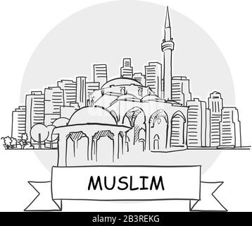 Muslim Hand-Drawn Urban Vector Sign. Black Line Art Illustration with Ribbon and Title. Stock Vector