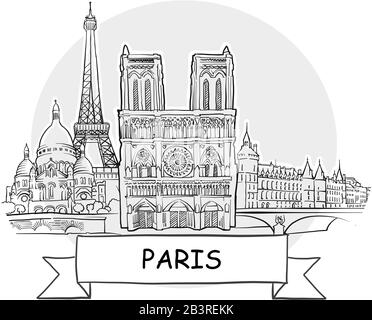 Paris Hand-Drawn Urban Vector Sign. Black Line Art Illustration with Ribbon and Title. Stock Vector