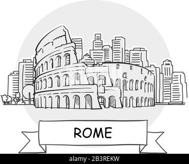 Rome Hand-Drawn Urban Vector Sign. Black Line Art Illustration with Ribbon and Title. Stock Vector