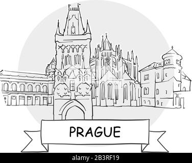 Prague Hand-Drawn Urban Vector Sign. Black Line Art Illustration with Ribbon and Title. Stock Vector