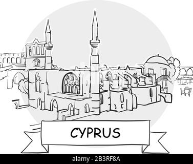 Cyprus Hand-Drawn Urban Vector Sign. Black Line Art Illustration with Ribbon and Title. Stock Vector