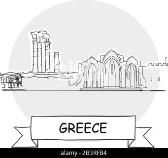 Greece Hand-Drawn Urban Vector Sign. Black Line Art Illustration with Ribbon and Title. Stock Vector