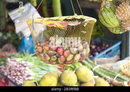Nuwara Eliya, Sri Lanka:  Traditional fruit and veg shop with variety of fruits on display. Stock Photo
