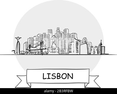 Lisbon Hand-Drawn Urban Vector Sign. Black Line Art Illustration with Ribbon and Title. Stock Vector