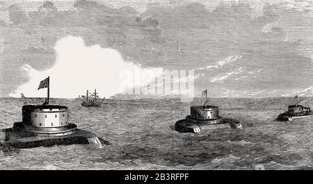 US Coastal defence, water batteries in the water,19th century Stock Photo