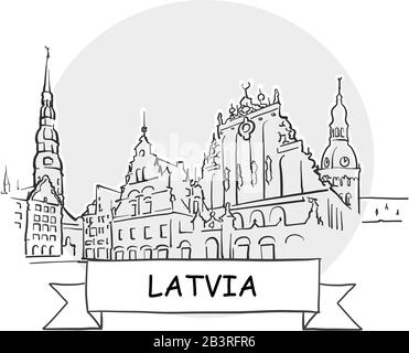 Latvia Hand-Drawn Urban Vector Sign. Black Line Art Illustration with Ribbon and Title. Stock Vector