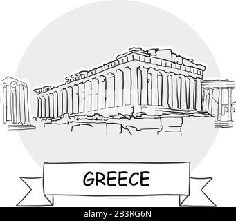 Greece Hand-Drawn Urban Vector Sign. Black Line Art Illustration with Ribbon and Title. Stock Vector