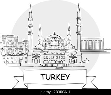Turkey Hand-Drawn Urban Vector Sign. Black Line Art Illustration with Ribbon and Title. Stock Vector