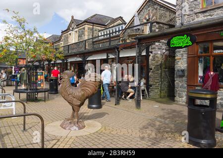 Retail outlets and cafes outside Betws-y-Coed railway station in the Snowdonia National Park North Wales Stock Photo