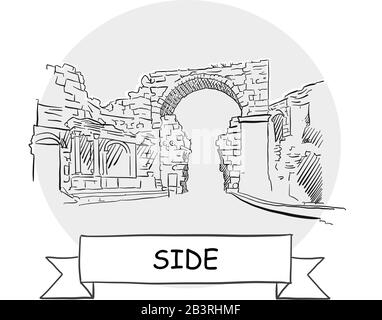 Side Hand-Drawn Urban Vector Sign. Black Line Art Illustration with Ribbon and Title. Stock Vector