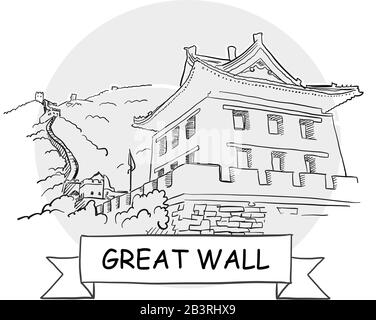 Great Wall Hand-Drawn Urban Vector Sign. Black Line Art Illustration with Ribbon and Title. Stock Vector