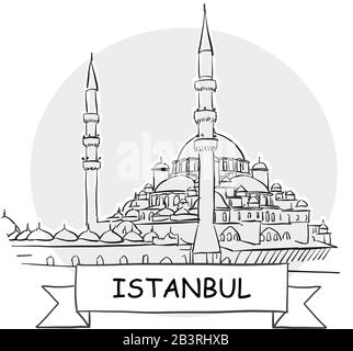 Istanbul  Hand-Drawn Urban Vector Sign. Black Line Art Illustration with Ribbon and Title. Stock Vector