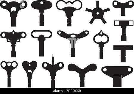 Set of different wind up keys isolated on white Stock Vector