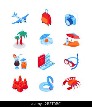 Beach vacation and traveling - modern isometric icons set Stock Vector