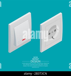 Switch of lighting and electric socket. Electric devices. Isometric projection.3d style. Vector illustration.Design elements. Stock Vector