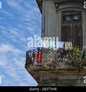 Clothes drying on a balcony, Havana, Cuba Stock Photo