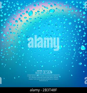 Realistic drops of a rain and rainbow on a blue background. View from the window. Drops on glass. Abstract background. Vector illustration. Stock Vector