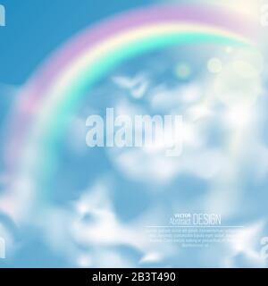 Realistic rainbow and clouds. An arch from a rainbow in the sky. Summer time. Abstract background. Vector illustration. Stock Vector