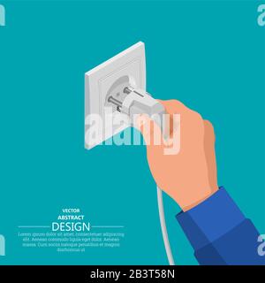 The hand includes an electrical plug in the socket. Contact electric devices.3d style. Isometric projection. Flat design. Vector illustration. Stock Vector
