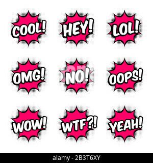 9 Comic style messages in red speech bubbles. Set of stickers for banner, web, poster. Pop art balloon on halftone background. White background. Stock Vector
