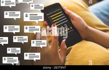 Consumer reviews concepts with bubble people review comments and smartphone. rating or feedback for evaluate.innovation lifestyle Stock Photo