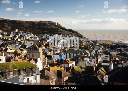 View over the old town from West Hill with view of the East Hill behind, Hastings, East Sussex, England, United Kingdom, Europe Stock Photo