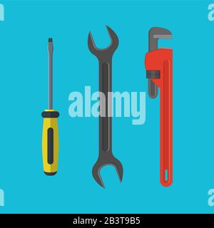 A set of tools. Screwdriver, wrench, adjustable wrench. Mechanical accessories for repair and construction. The vector illustration is in a flat style Stock Vector
