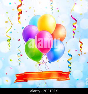 Celebration background with colorful balloons, ribbon, streamers and confetti. Vector illustration Stock Vector