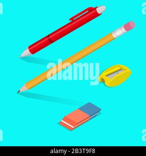 A set of office objects with shadows. A ball-point pen, a pencil, an eraser, a sharpener for pencils. Office supplies in 3D style. Isometry. Design el Stock Vector