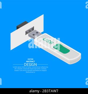 USB memory stick. Electrical connector. 3D style. Flat design. Isometric projection. Modern digital technologies. Computer accessories. Vector three-d Stock Vector