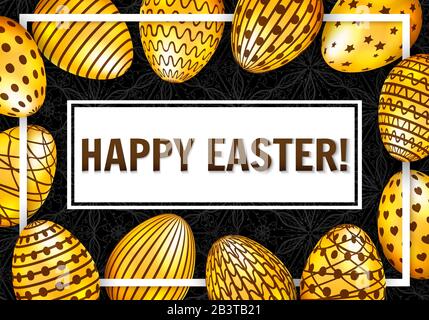 Happy Easter greeting card with golden eggs on dark background. Vector illustration Stock Vector