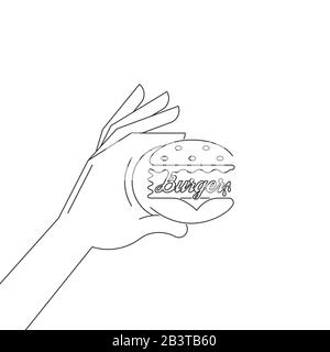 The hand holds sandwich..Logo in linear style.Fast food.Design element for cafe, restaurant.Vector illustration. Stock Vector