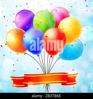 Celebration background with colorful balloons, ribbon and confetti. Vector illustration Stock Vector