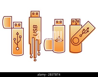 Set of icons USB.Flesh store. A vector illustration in flat linear style. Modern computer technologies. Stock Vector