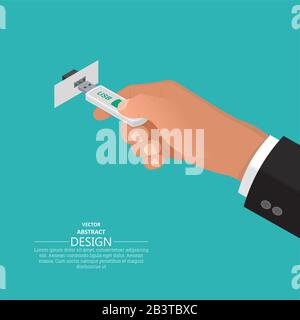 The hand holds USB flash memory. Contact USB and connector.3D style. A vector illustration in an isometric projection. Flat design. Modern computer te Stock Vector