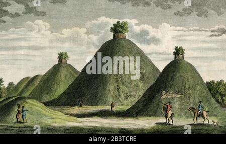 The Bartlow Hills, formerly a Roman tumuli cemetery, at Bartlow in Cambridgeshire, England.  Engraving published c. 1779.  The Hills, near the village of Ashdon in Essex, were once believed to be the last resting place of soldiers killed at the Battle of Ashington in 1016. Stock Photo